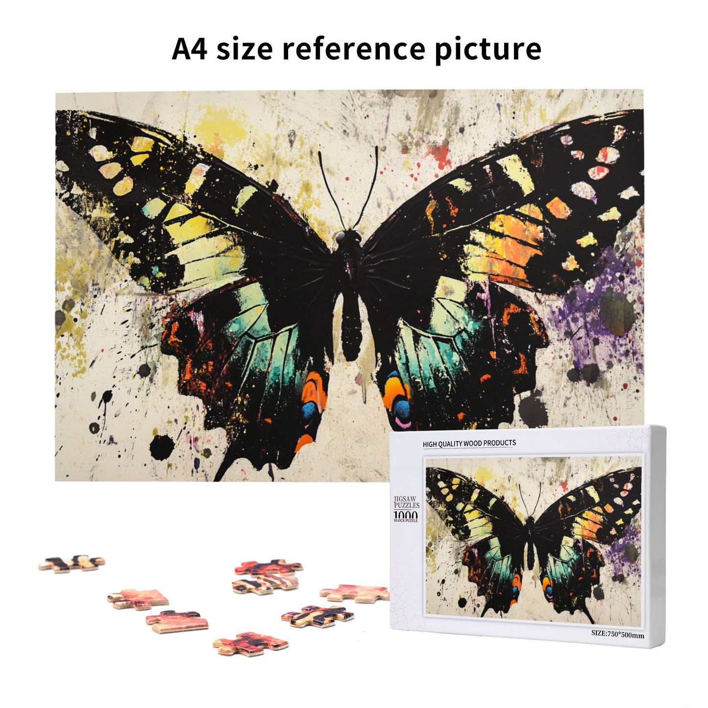 1000-Piece Butterfly Art Puzzle - Premium Wooden Puzzle, Unique Design, Precision Fit, 75cm x 50cm