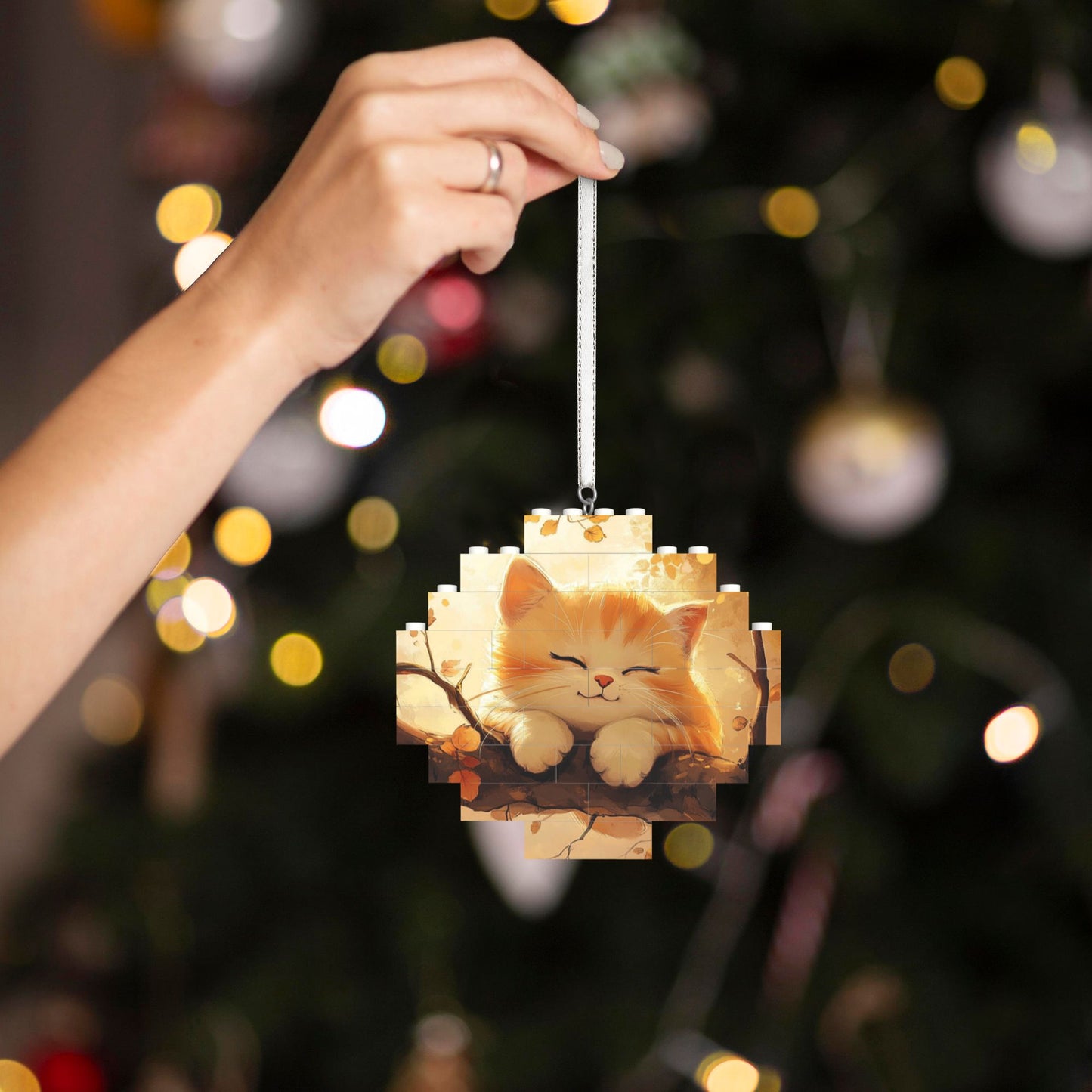 Healing Smiling Orange Cat Puzzle Hanging Ornament - Creative DIY Building Block Home Decor