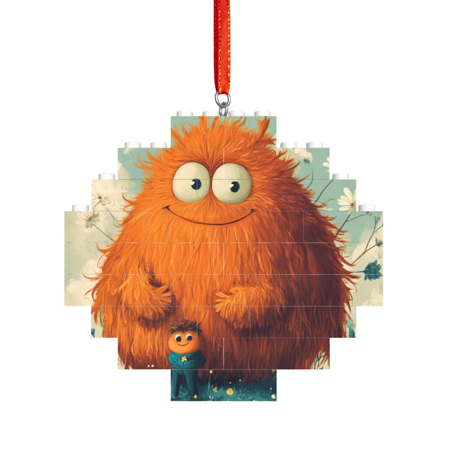 Warm Orange Fluffy Monster Puzzle Hanging Ornament - Creative DIY Building Block Home
