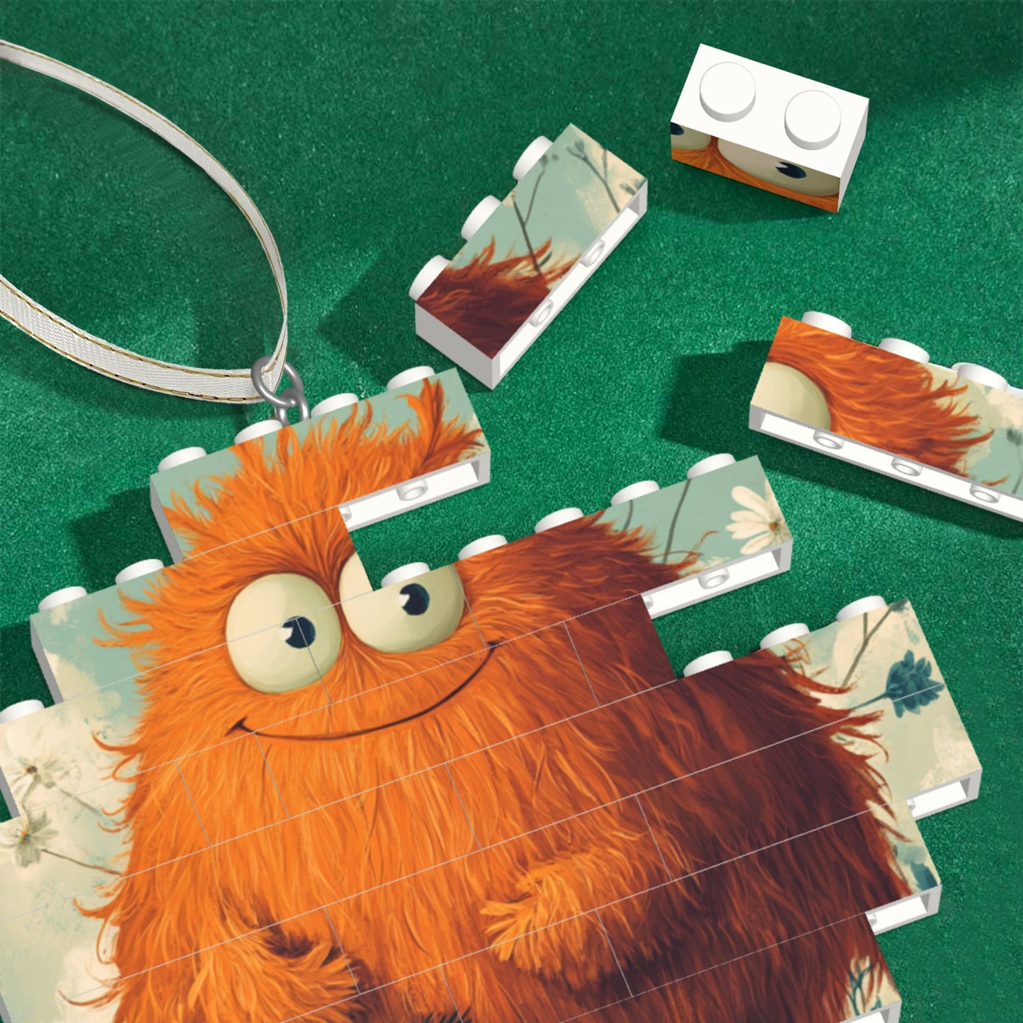 Warm Orange Fluffy Monster Puzzle Hanging Ornament - Creative DIY Building Block Home