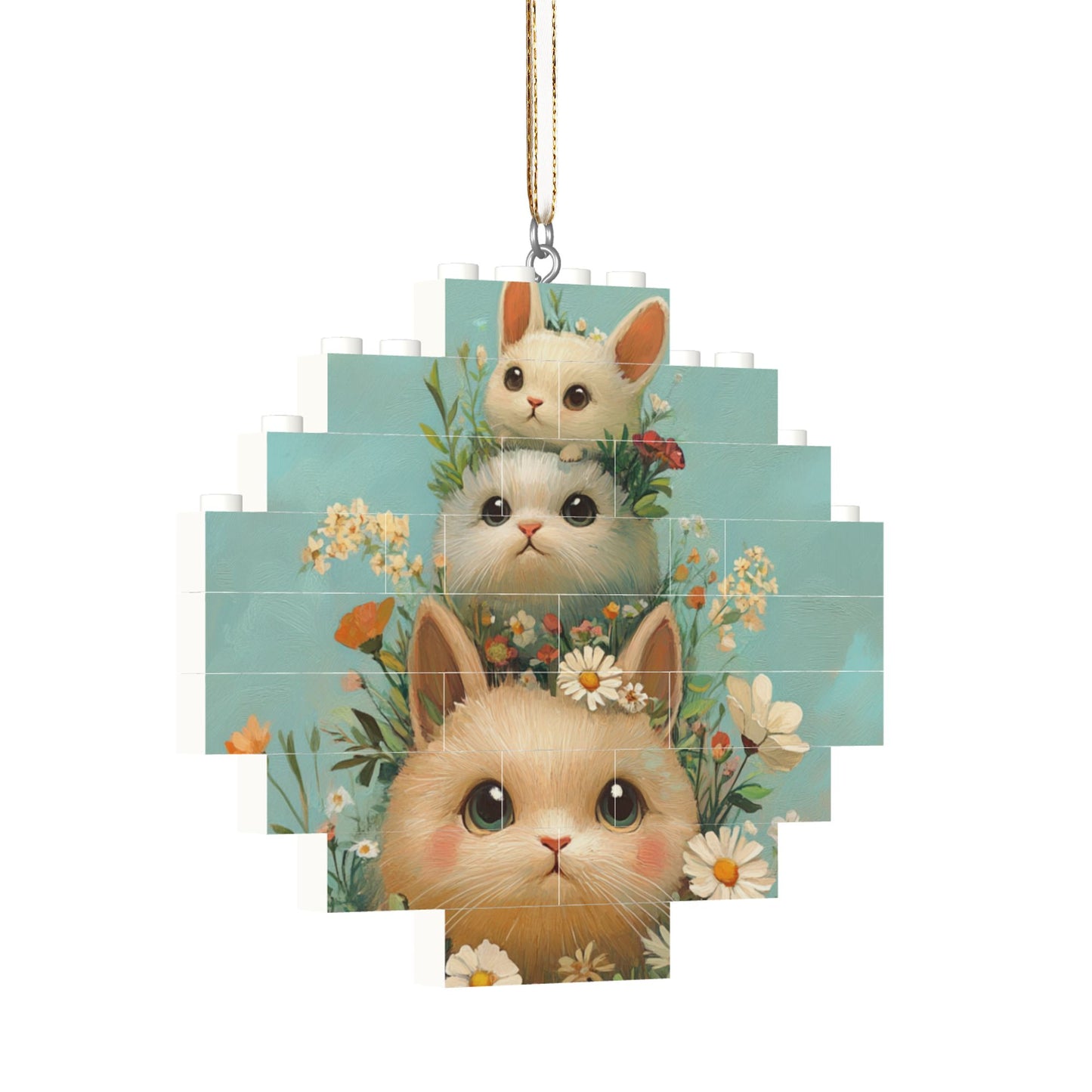 Three Rabbits in Flower Field Puzzle Ornament - Creative DIY Building Blocks Décor