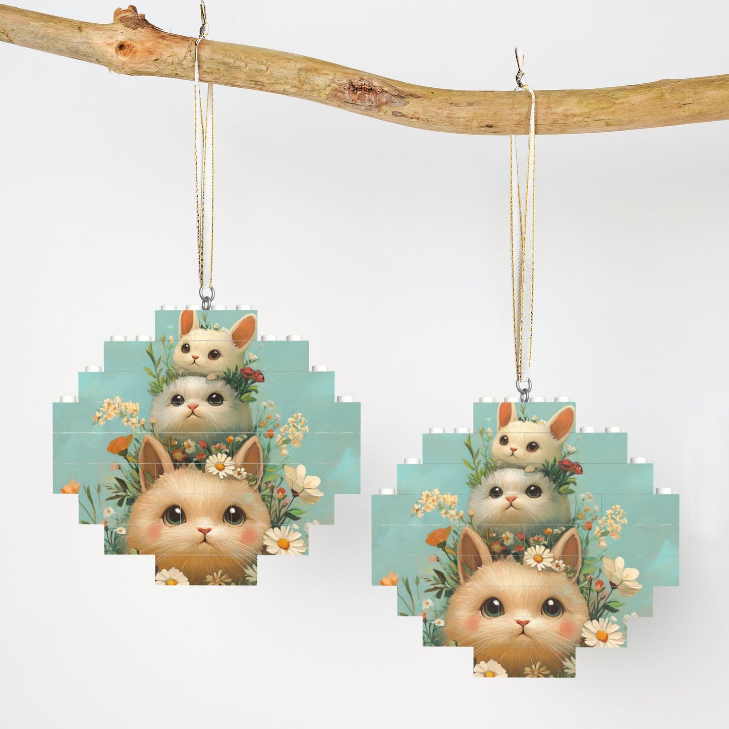 Three Rabbits in Flower Field Puzzle Ornament - Creative DIY Building Blocks Décor