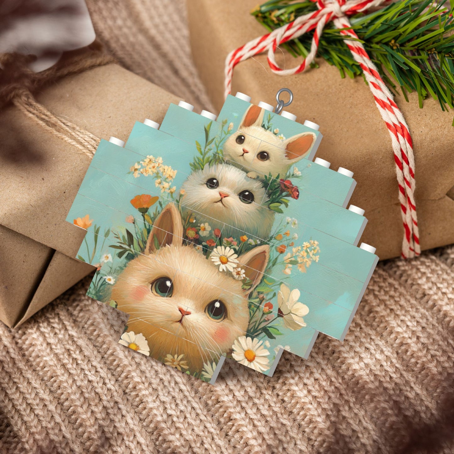 Three Rabbits in Flower Field Puzzle Ornament - Creative DIY Building Blocks Décor
