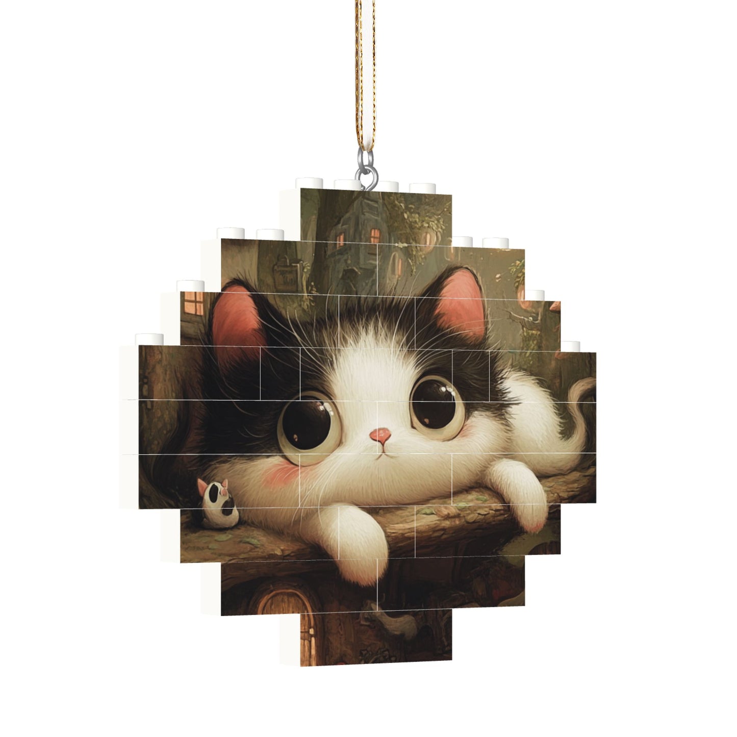 Adorable Black-and-White Cat Puzzle Ornament - Creative DIY Building Blocks Décor