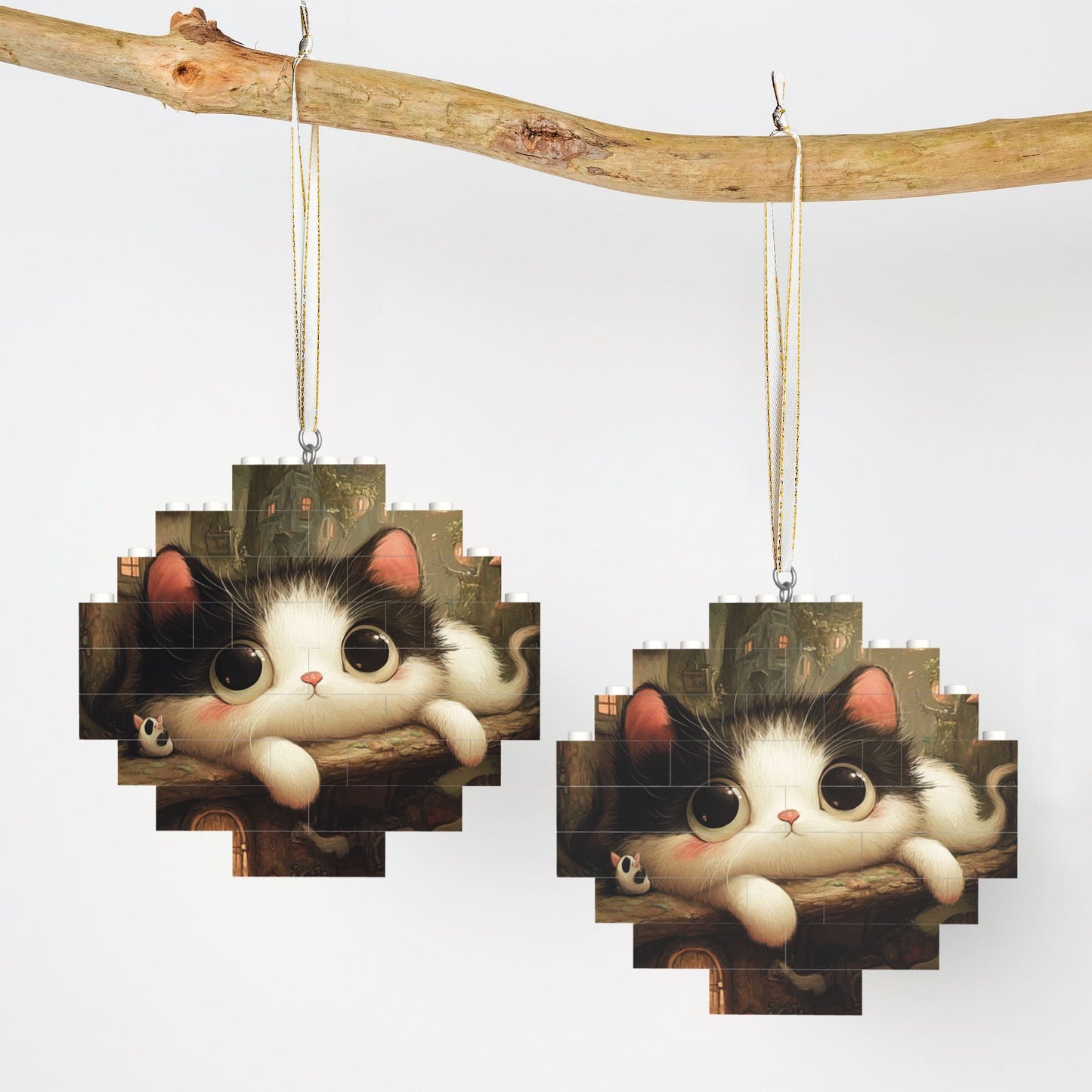 Adorable Black-and-White Cat Puzzle Ornament - Creative DIY Building Blocks Décor