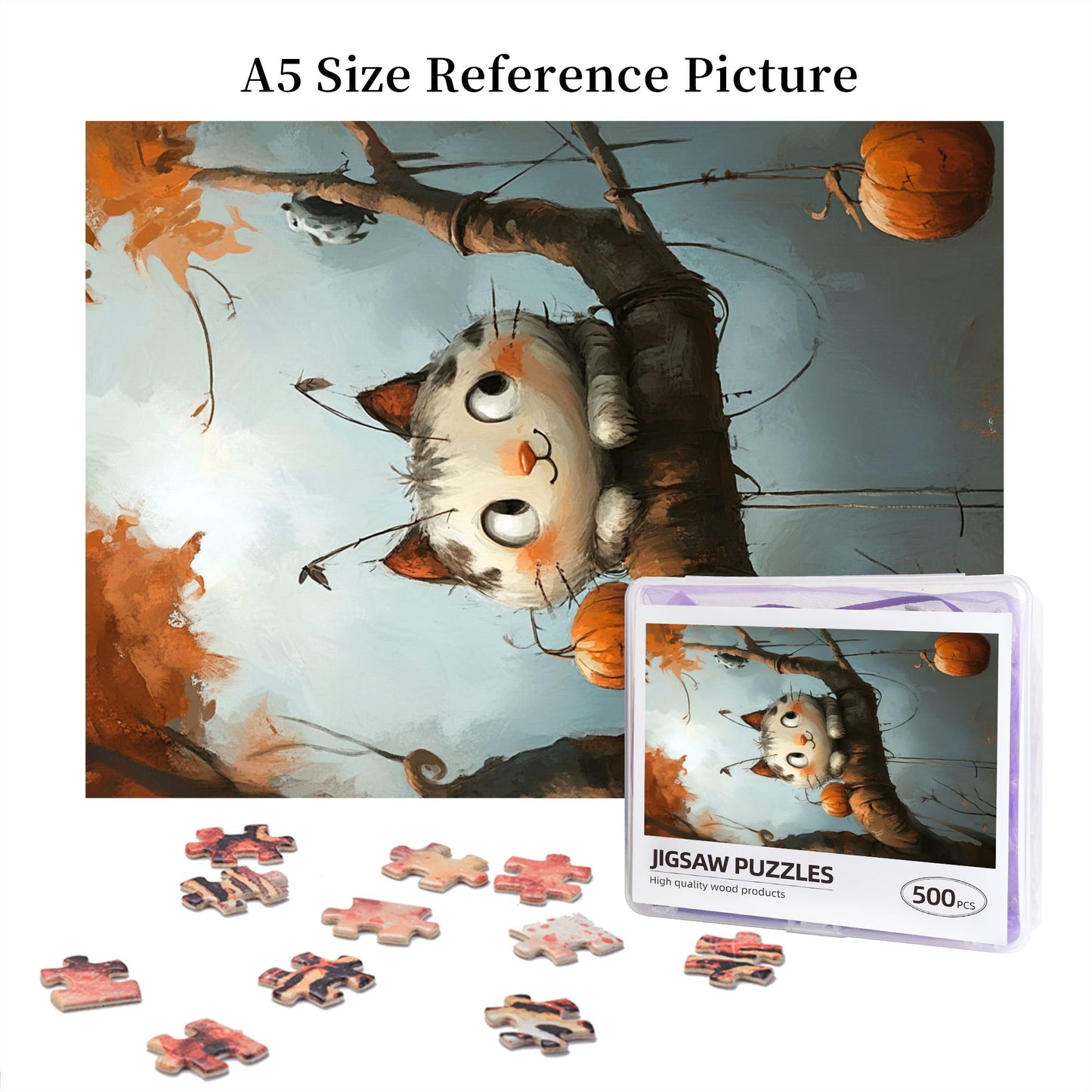 Autumn Whimsy Cat Puzzle - 500-Piece Handmade Artistic Jigsaw, Discover the Magic of the Fall Forest